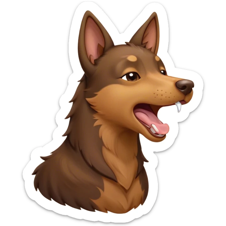 Cinematic Cute Yawning Brown and Tan Kelpie Portrait Emoji, Head tilted slightly with a dramatic, wide-open yawn, showcasing a smooth brown Fur with distinct tan highlights, floppy ears slightly drooping, round warm eyes barely open in drowsy contentment, Simplified yet irresistibly adorable features, highly detailed, glowing with a soft, cozy glow, high shine, relaxed yet expressive, stylized with a touch of whimsy, bright and endearing, soft glowing outline, capturing the essence of a sleepy yet affectionate herder, so drowsy it feels like it could stretch out of the screen and curl up for a nap! sticker