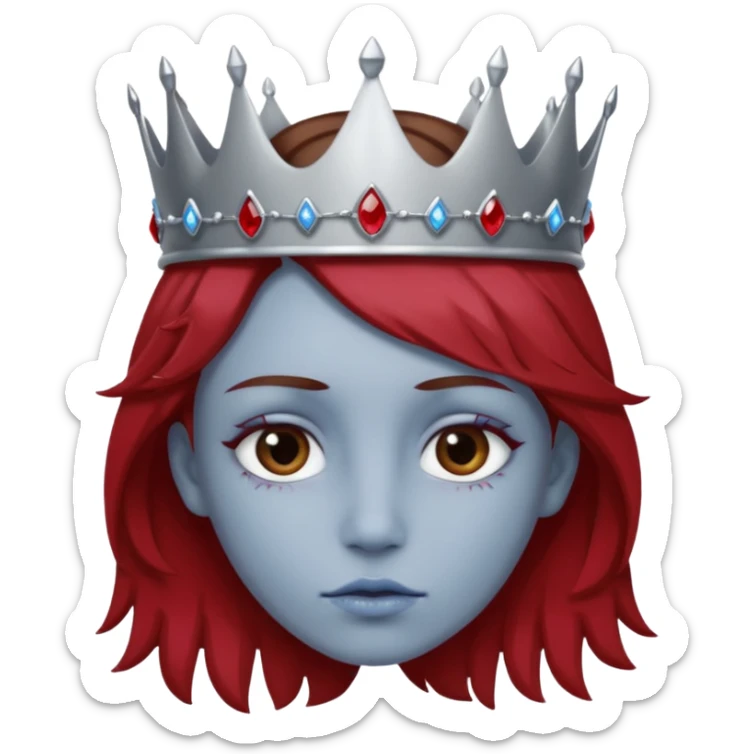 grey head with right eye blue and left eye red. he has messy brown hair and a silver crown with rubies on it sticker