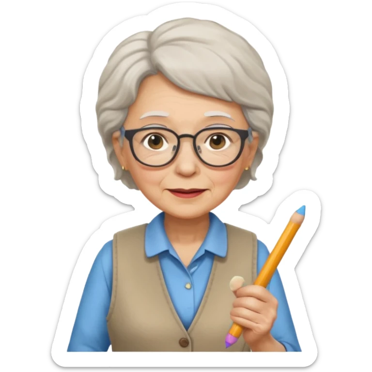 woman teacher, old, wearing vest, wearing glasses, hold chalk on their hand sticker