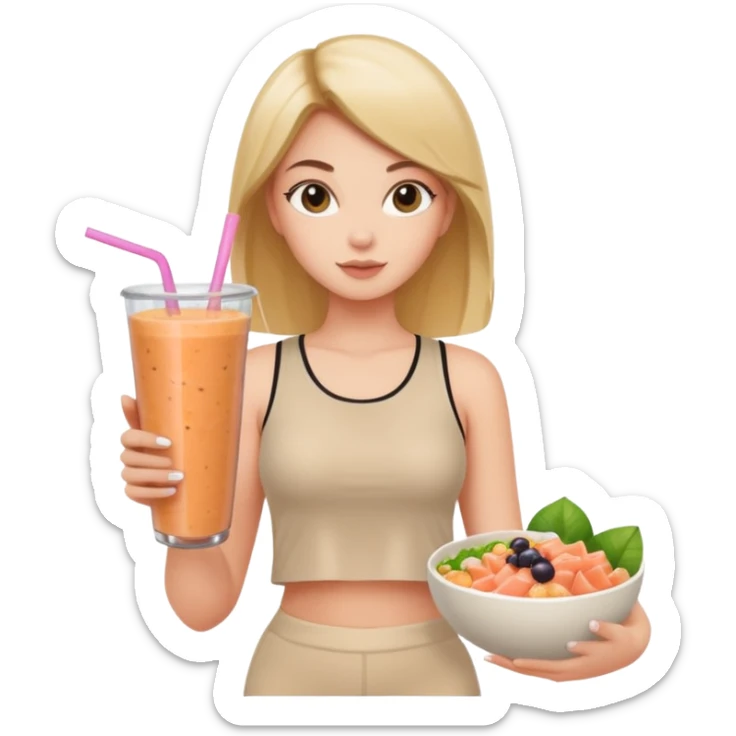 a young woman in a beige top and leggings and white sneakers with a passion fruit smoothie in one hand and a salmon poke bowl in the other hand sticker