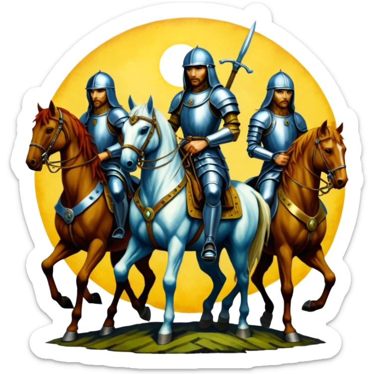 solarpunk ultra HD style, oil - The Four Horsemen of the Apocalypse, based on a graphic by Albrecht Dürer sticker