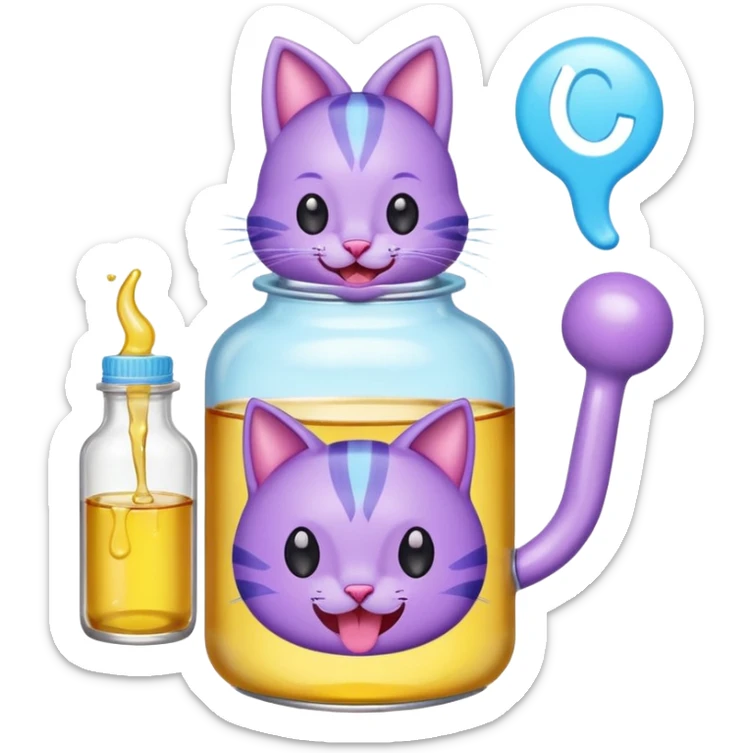 Smiling bottle of oil light purple top and light blue sticking tongue out and with cat ears sticker