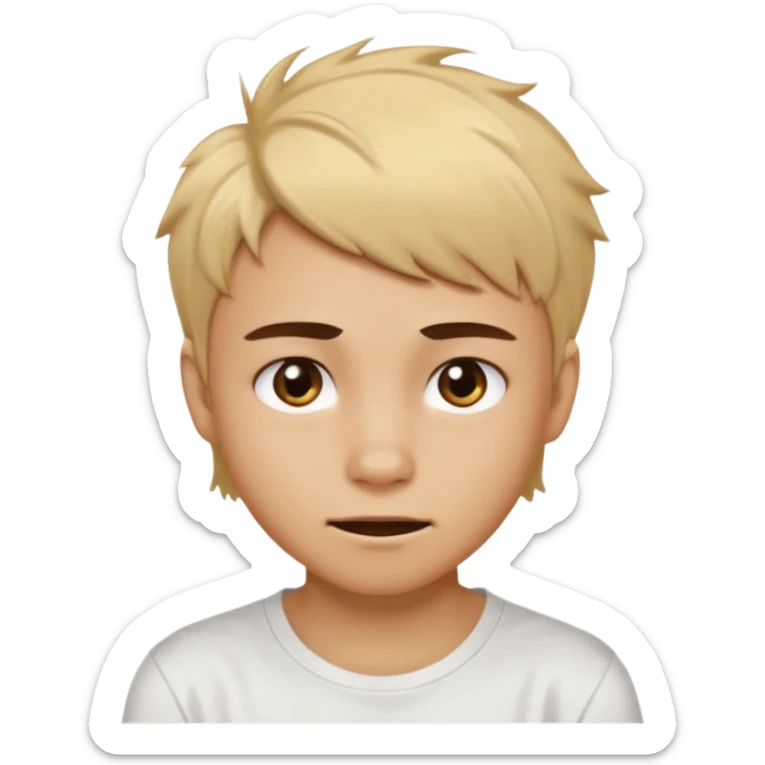 caramel skin color. Teen age. Short buzz, messy blonde hair, dark brown bushy eyebrows large expressive golden-brown eyes, brown skin color, scar over nose, wearing a plain white t-shirt. Awkward smirk with visible teeth. sticker