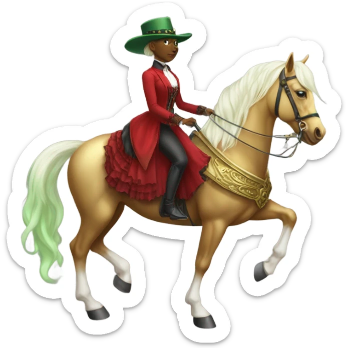 "galora green blonde alien woman" in victorian red, elegant dress, full body, rides golden and white "horse"
 sticker