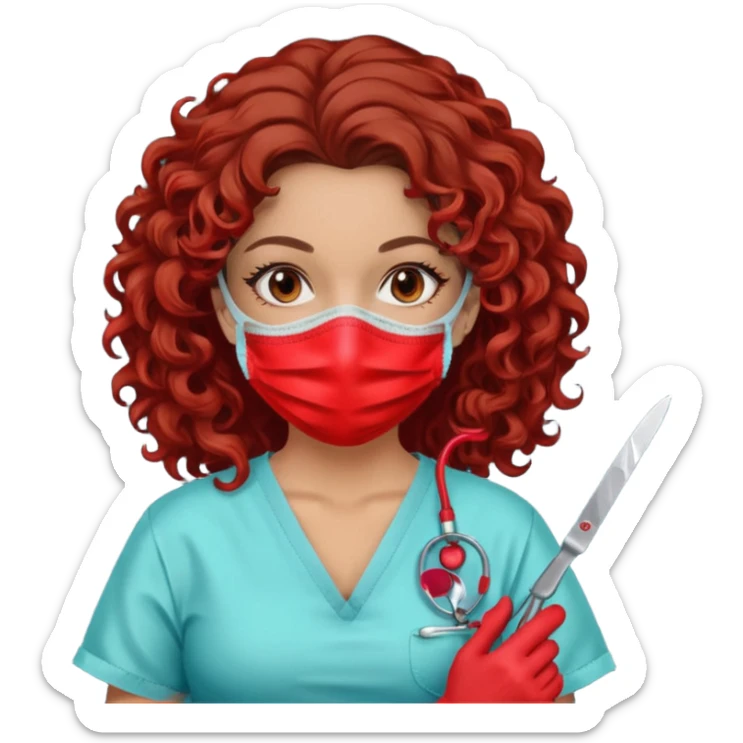 Lilith symbol seductress evil surgeon. curly, long hair. brown hair. Red surgical mask and hair covering. She works for cartel and kills  with a scalpel. sticker