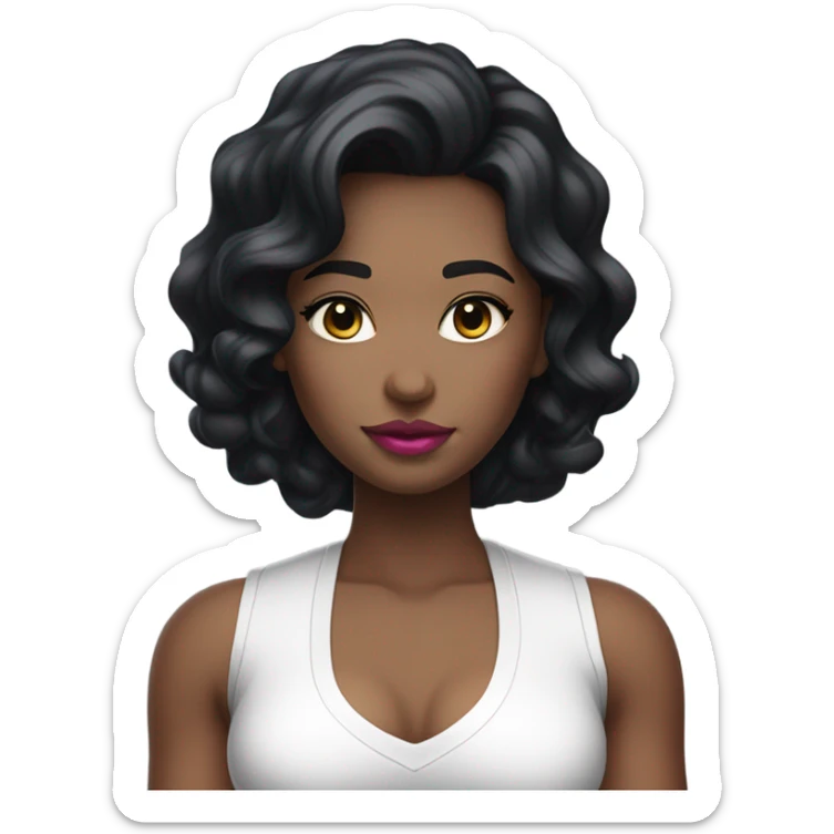 girl, black thick wavy hair, middle hair parting, juicy pink lips, white skin, long hair, white vest top, no necklace, small chest area sticker