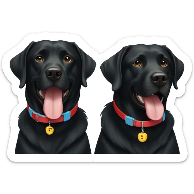 2 happy adult black labradors, one with red collar, one with light blue collar,side by side. sticker