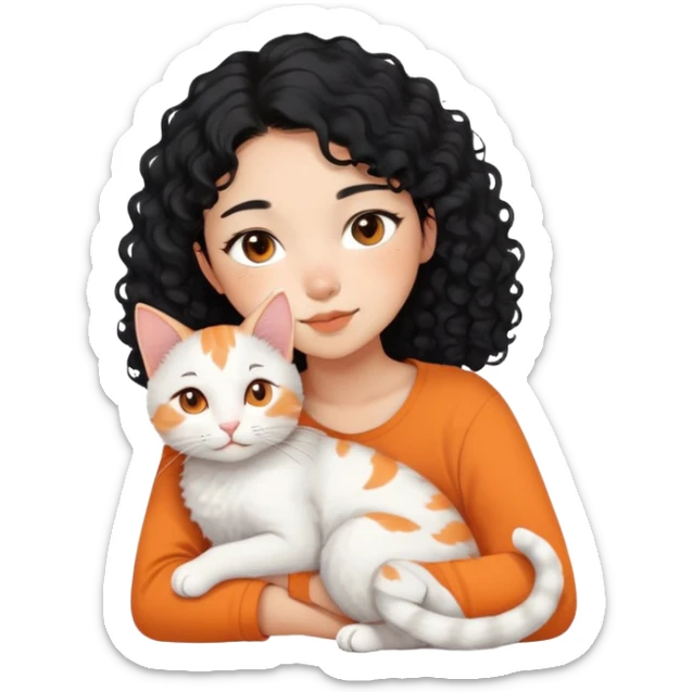 Asian girl with curly black hair and the cat is lying on her shoulder, cat is mostly white with orange markings, tender moment sticker