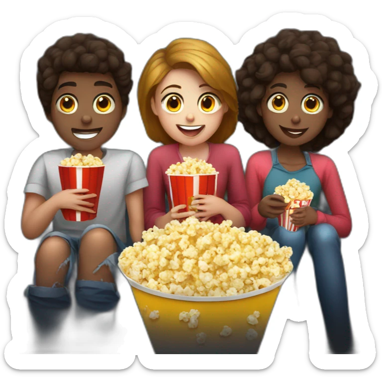 3 teenagers, watching movie at the cinema eating popcorn, dark background sticker