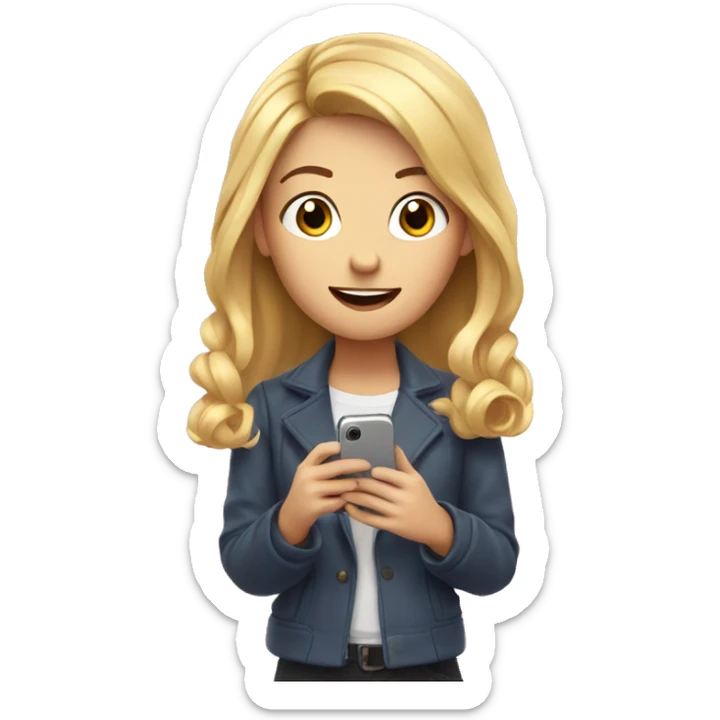 A girl with fair hair holds a phone in her hands and conducts a live broadcast sticker