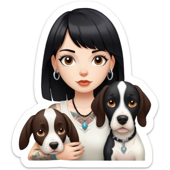 girl with long black  straight bangs hair with tattoo and a Springer dog  and  bull terrier sticker