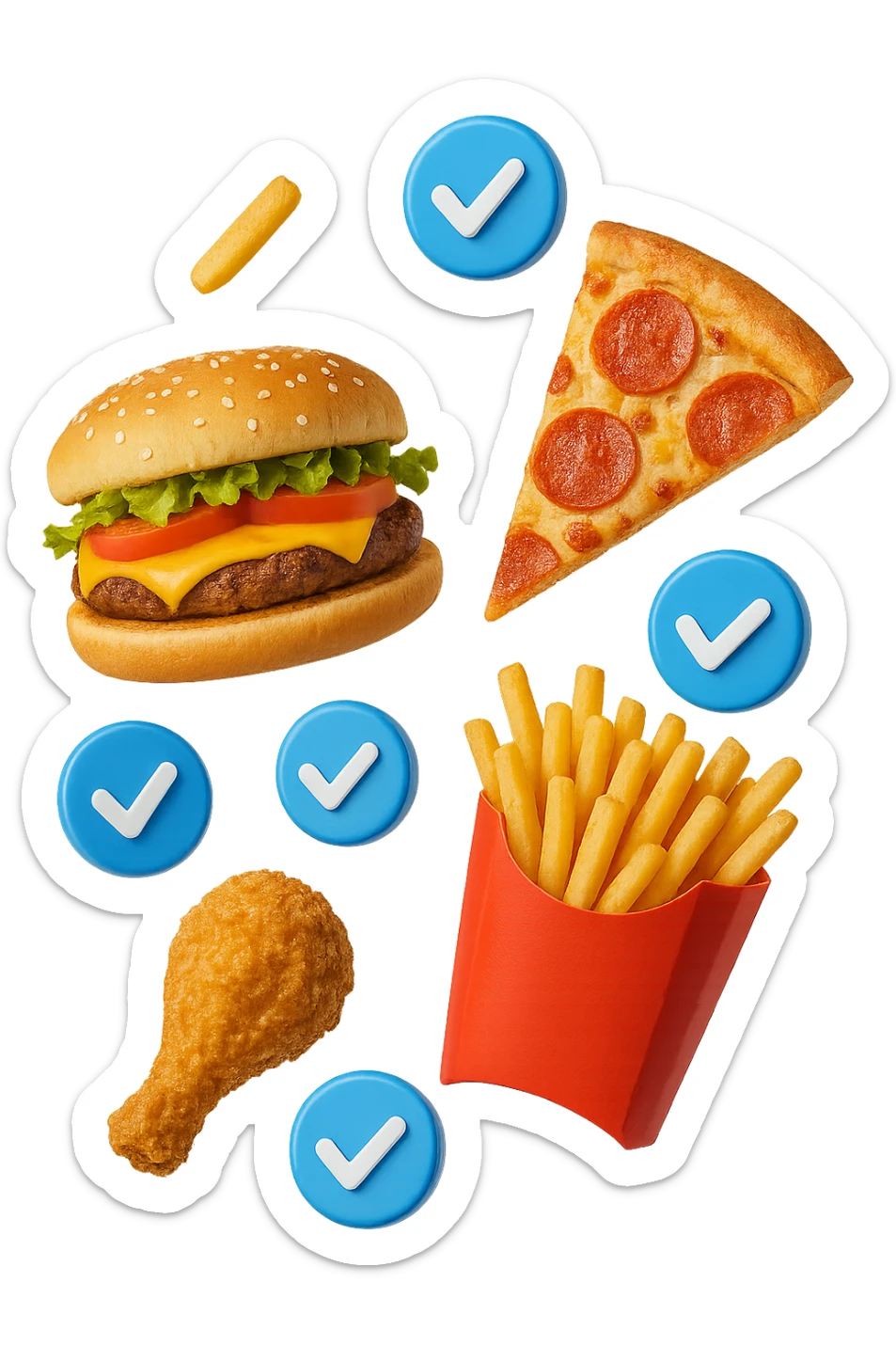 fast food realistico fluttua in aria insieme a spunte di verificato in 3d sticker