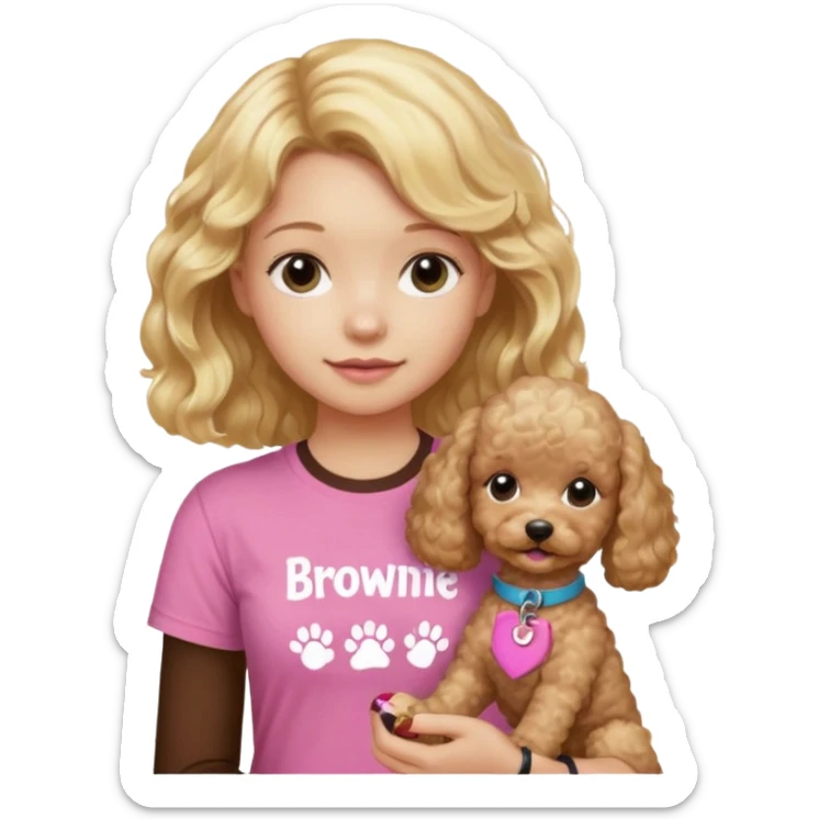 hazme un emoji que sea una niña rubi con el pelo ondulado i una camiseta rosa que ponga brownie, i acariciando a un perro (caniche toy) sticker