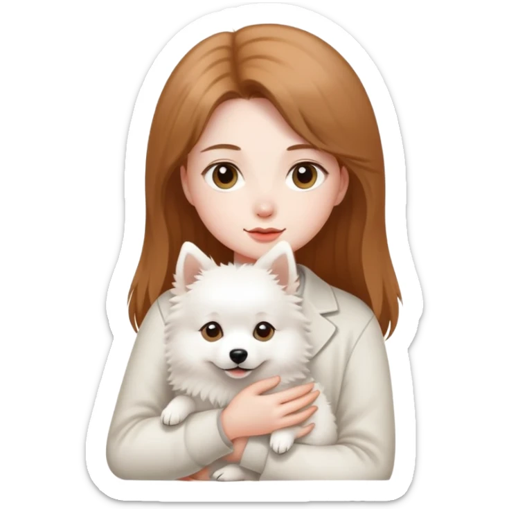 light brown hair girl with pale skin holding a white Japanese spitz dog sticker