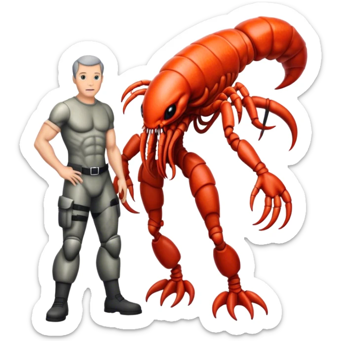 xenomorph alien in lobster skin in man legs, big head sticker