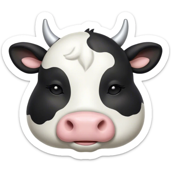 Meme-Worthy Cute Sleeping Black and White Cow Portrait Emoji, Head resting peacefully with a contented smile, showcasing a robust build and a luxuriously soft contrasting coat of black and white, eyes shut in a serene, restful nap, Simplified yet hilariously adorable features, highly detailed, glowing with a soft, drowsy light, high shine, relaxed and utterly lovable, stylized with an air of playful laziness, bright and heartwarming, soft glowing outline, capturing the essence of a comically sleepy cow, so meme-worthy it feels like it could instantly become the next viral sensation of adorable slumber! sticker