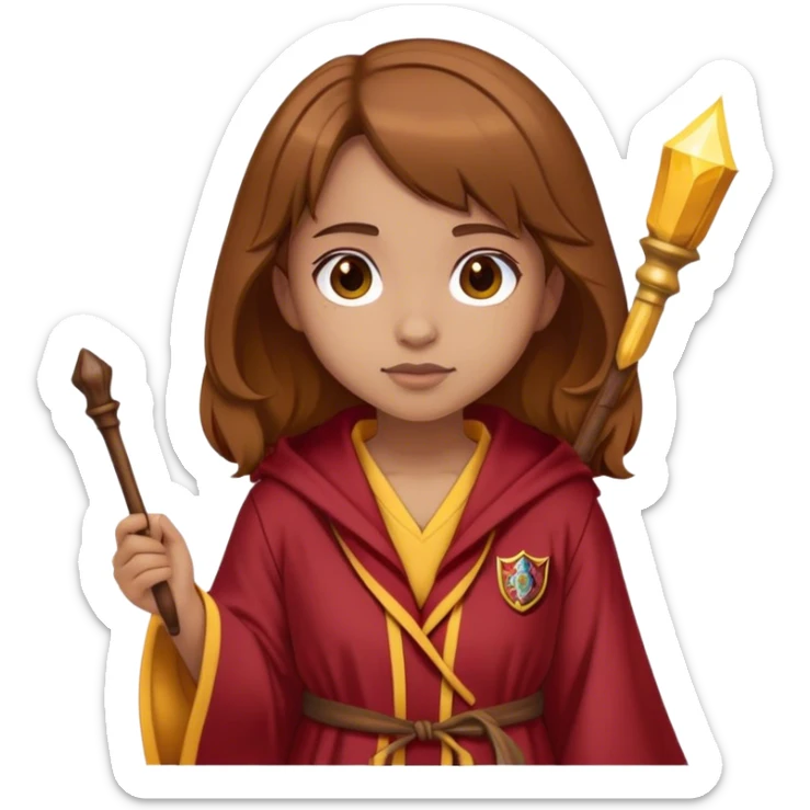 Girl with Curry Brown hair and a gryffindor Robe and a small wooden wand and light Skin sticker
