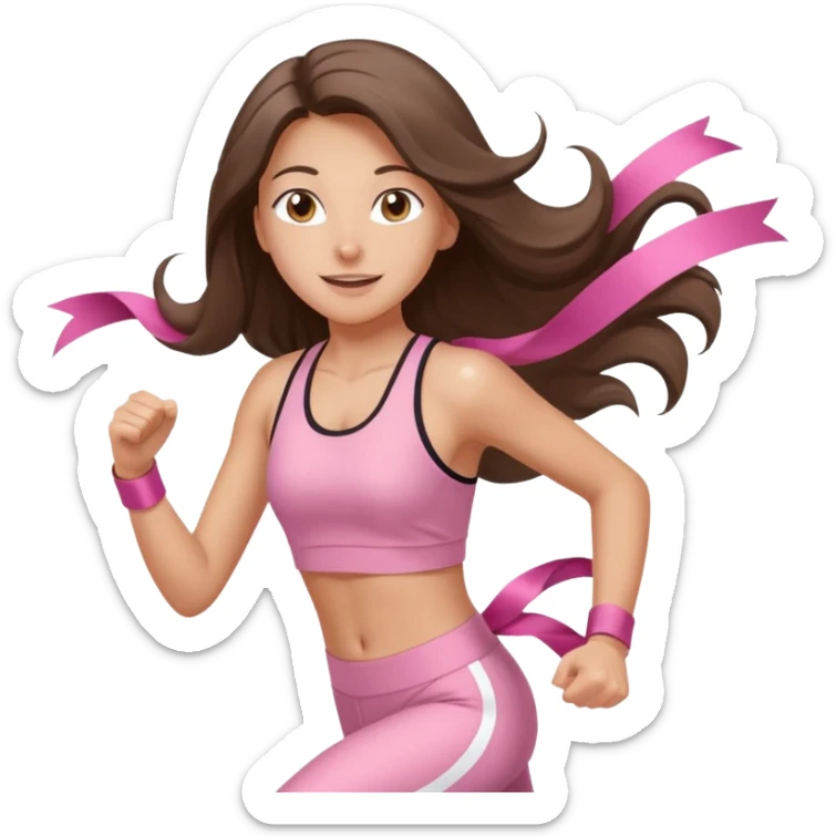 white happy brunette teen long hair with hazel eyes in light pink workout clothes jogging and breaking a ribbon race finish line sticker