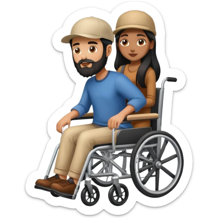 Beige skin man with a beard and cap in a wheelchair and a brown skin woman with long black hair in a wheelchair  sticker