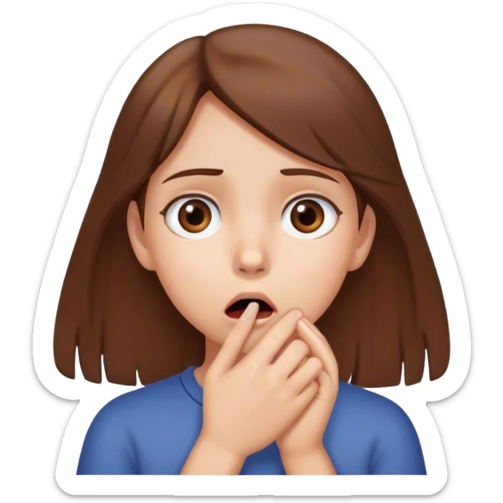 Girl brown hair hearing shooking news looks concerned holds her hand in front of her mouth  sticker
