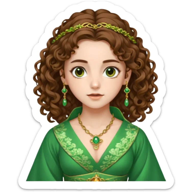 very beautiful italian girl, looking a bit like Emma Watson, with curly and big volume very bright brown hair, and a golden piercing ring in nose on left side, dressed in a beautiful sexy hanfu dress of green colors, nose ring sticker
