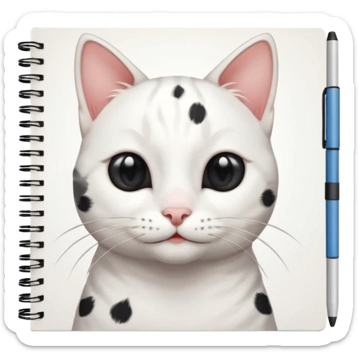 gatita blanca con manchas grandes negras en los ojos feliz en viendo una libreta con anillado sticker