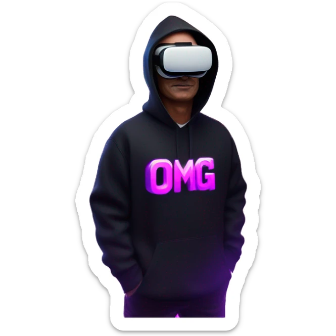 Putin wearing a black hoodie with "OMG" letters on it and VR headset oculus quest 2 in a cyberpunk VR environment with violet neon lighting. sticker