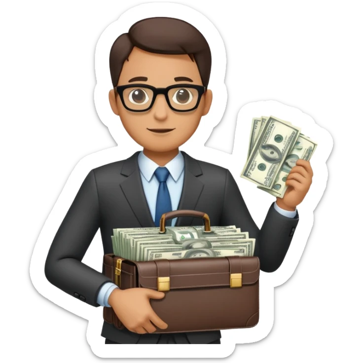 Male businessman wearing a suit and glasses holding open a briefcase showing stacks of dollar bills inside sticker