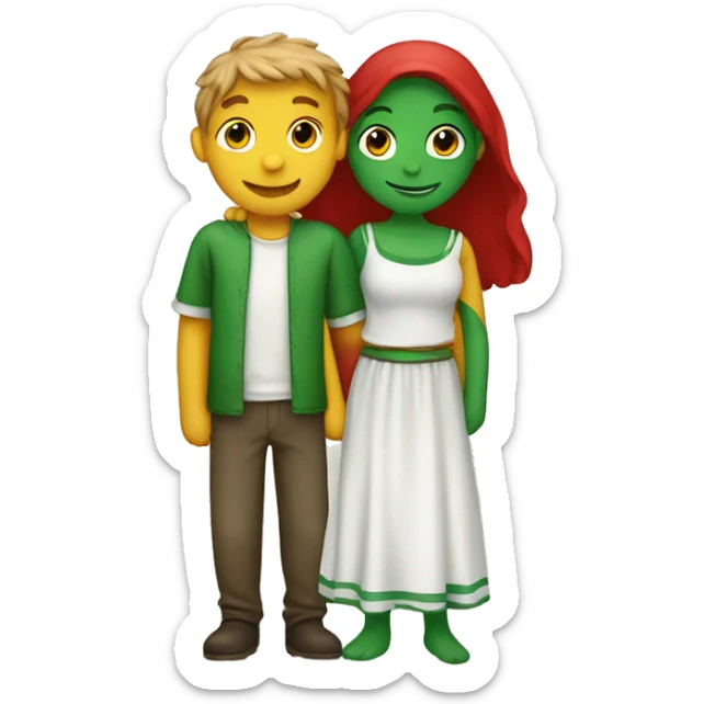 Crete an emoji a couple (one green boy, one red girl) hugging each other sticker