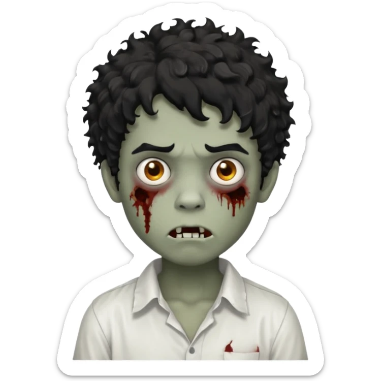 Boy, zombie, black hair, curly hair with white tips, shaggy, dark, spooky, creepy expression, white shirt sticker