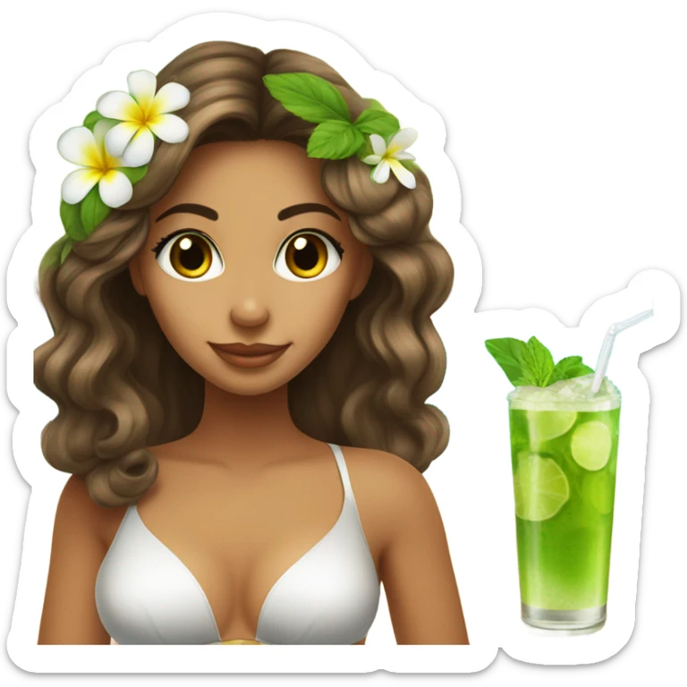 brunette tanned girl with highlights, long lashes and a flower on her hair at the beach drinking a mojito sticker