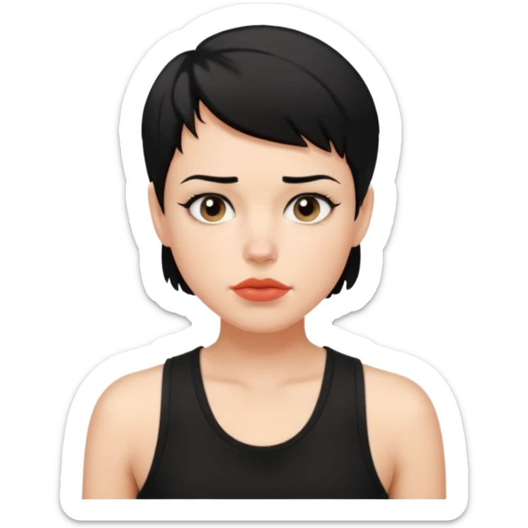a white woman with short tomboy black hair with mole on top of her lip wearing men's black tank top sticker
