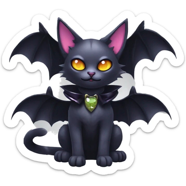   cool edgy kawaii ethereal dark-punk-themed animal vampiric cat-hybrid Fakemon with fangs and bat-wing-ears with a collar full body sticker