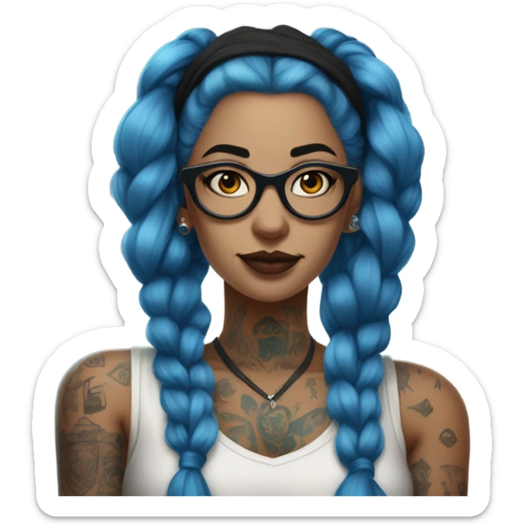 The image shows a female figure with long blue hair, tied in buns. She wears glasses and has several visible tattoos. Her outfit is a sleeveless blouse with a dark design, complemented by long gloves, reflecting a bold and modern aesthetic. sticker