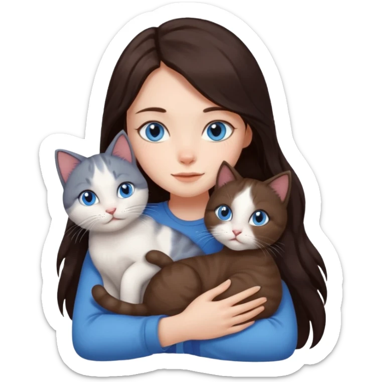 a girl with long dark 
brown hair, with blue eyes, hugs 3 different natural coloured cats sticker