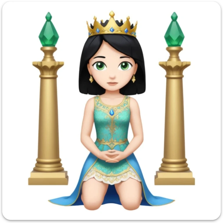 King, standing, black Hair, blue eyes, female Servoamt, blonde, green eyes, shott white sleveless Dress, kneeling, background palace sticker