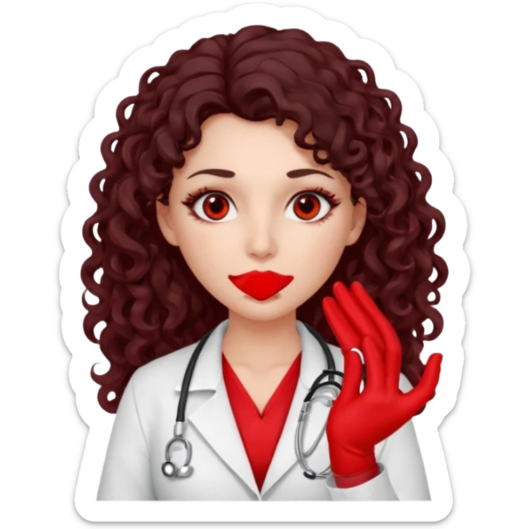 Lilith scalpel in hand, evil surgeon sexy surgeon clothes.  She has red eyes. She has dark brown long curly hair. Wears sexy doctor outfit with red gloves. Covers mouth neck and nose with red litham only covering under her nose to hide her identity sticker