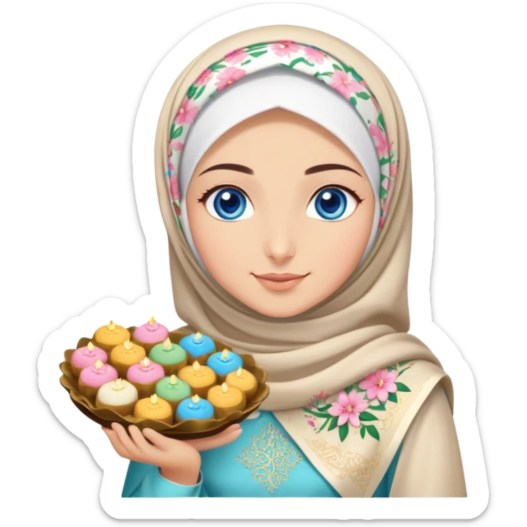 Turkish beautiful finish Konya girl blue eyes with lily floral hijab islamic dress and had on her hand text Eid Mubarak with sweets and celebrating with her friends eid days   sticker