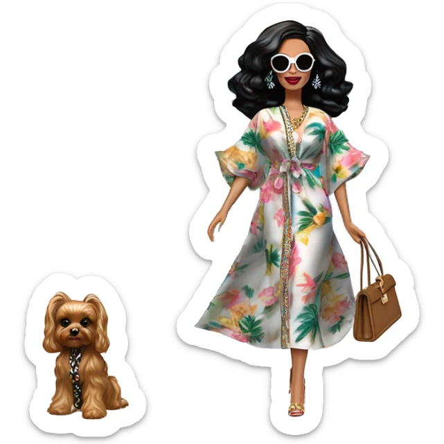 Palm Beach Breeze Barbie, teen Wednesday Addams ,walking by the pool, white skin, full body visible, wavy hair,handbag, aloof,eyeshadow,earrings,open flowing floral caftan,small 2 piece, sunglasses on top,heels,holding yorkie Miss Thang sticker