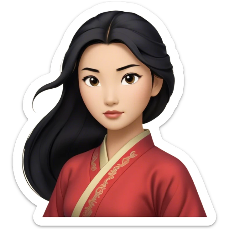 Cinematic Realistic Mulan Portrait, depicted with lifelike skin texture, soft natural lighting, and intricately detailed long black hair styled elegantly. Her deep, expressive eyes exude determination and grace, complemented by a serene yet confident expression. She is dressed in her classic attire, with rich fabric textures and delicate folds that catch the light beautifully. The portrait features a soft, enchanting glow with a natural, radiant finish, capturing the essence of timeless strength and beauty in a realistic and painterly style, evoking a sense of depth and authenticity. sticker