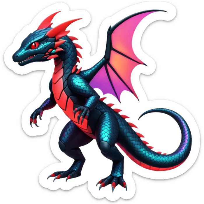 Modern Futuristic Scaly Iridescent Neon-glowing  Cyber-Salandit-Litten-Hybrid (Full body) sticker