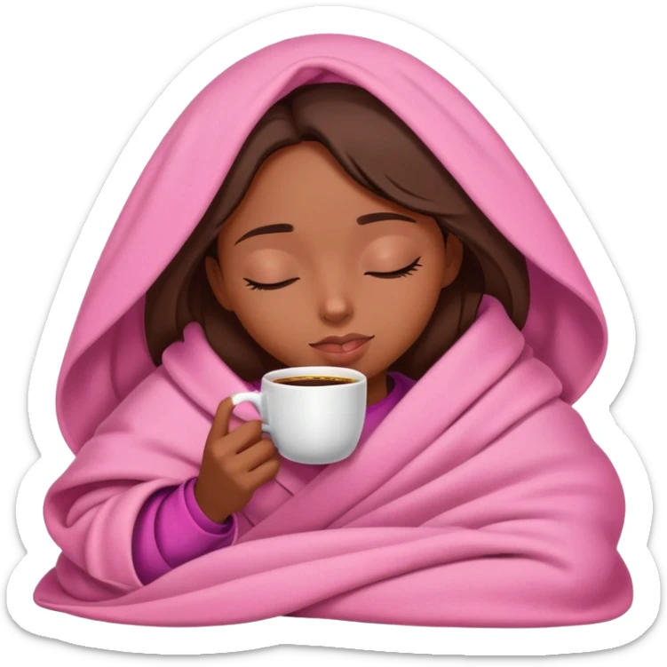 Brown skin girl inside a pink blanket sipping coffee eyes closed sticker