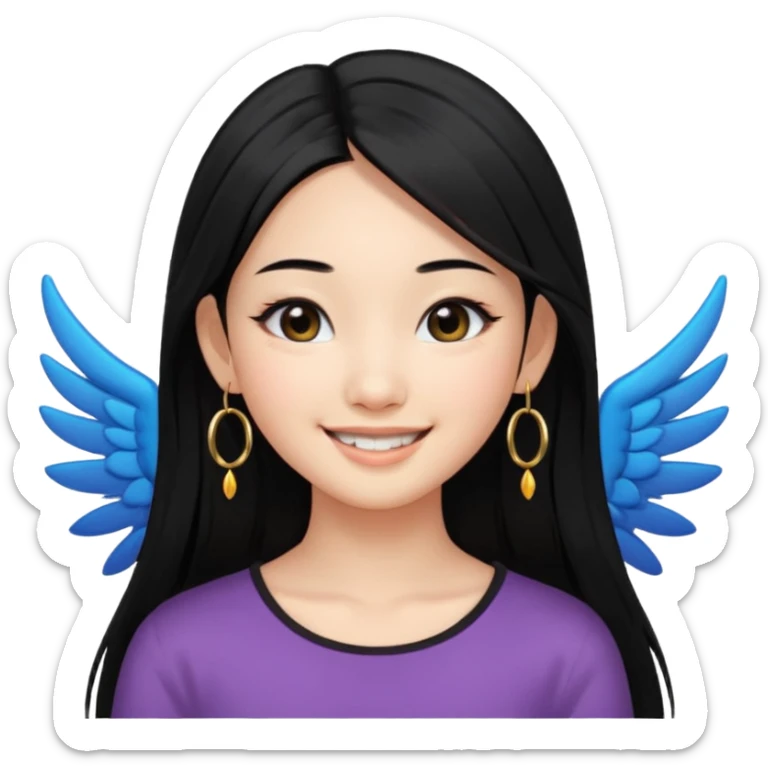 A Asian girl with fare skin and hoop earrings, long straight black hair with black eyes, smiling with a open wings eyeliner sticker
