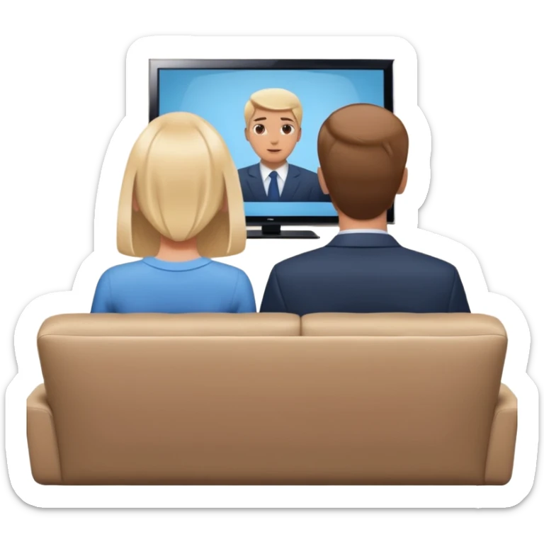 A man and a women photographed from behind, sitting on a sofa and watching the news on TV on a modern flat screen. The setting is a living room. sticker