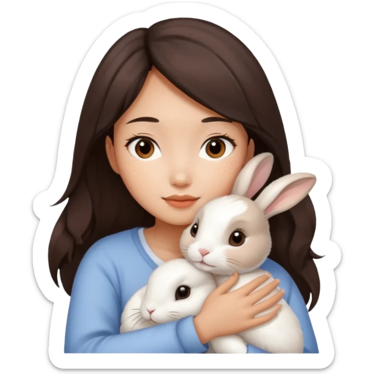 A young Asian woman with dark brown, almost Asian girl with dark brown hair, brown eyes, light Asian skin, hugging a white rabbit with light brown spots, soft and warm atmosphere.
  sticker