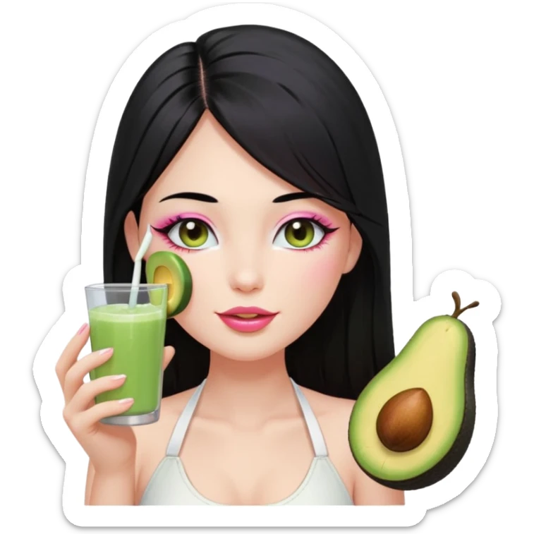 Long black hair with no bangs, straight hair, pretty face. Wearing white halter top. Pink blushed cheeks, long lashes, pin glossy lips. One eyes with wink. One hand with avocado juice.d sticker