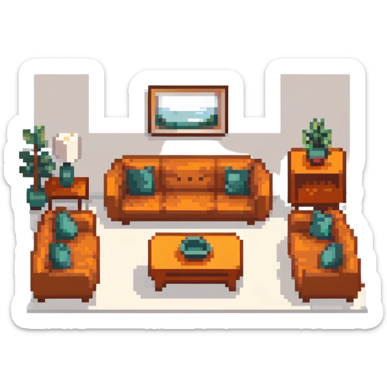 escenary 3d of a cozy mid-century living room with two people working on laptops, one man standing at a desk, and one woman sitting on a couch sticker