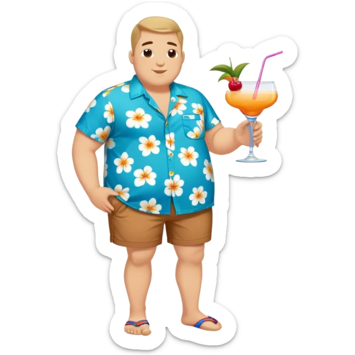 chubby guy full figure in a flowered azure havai shirt, brown shorts and flippers holding a cocktail sticker