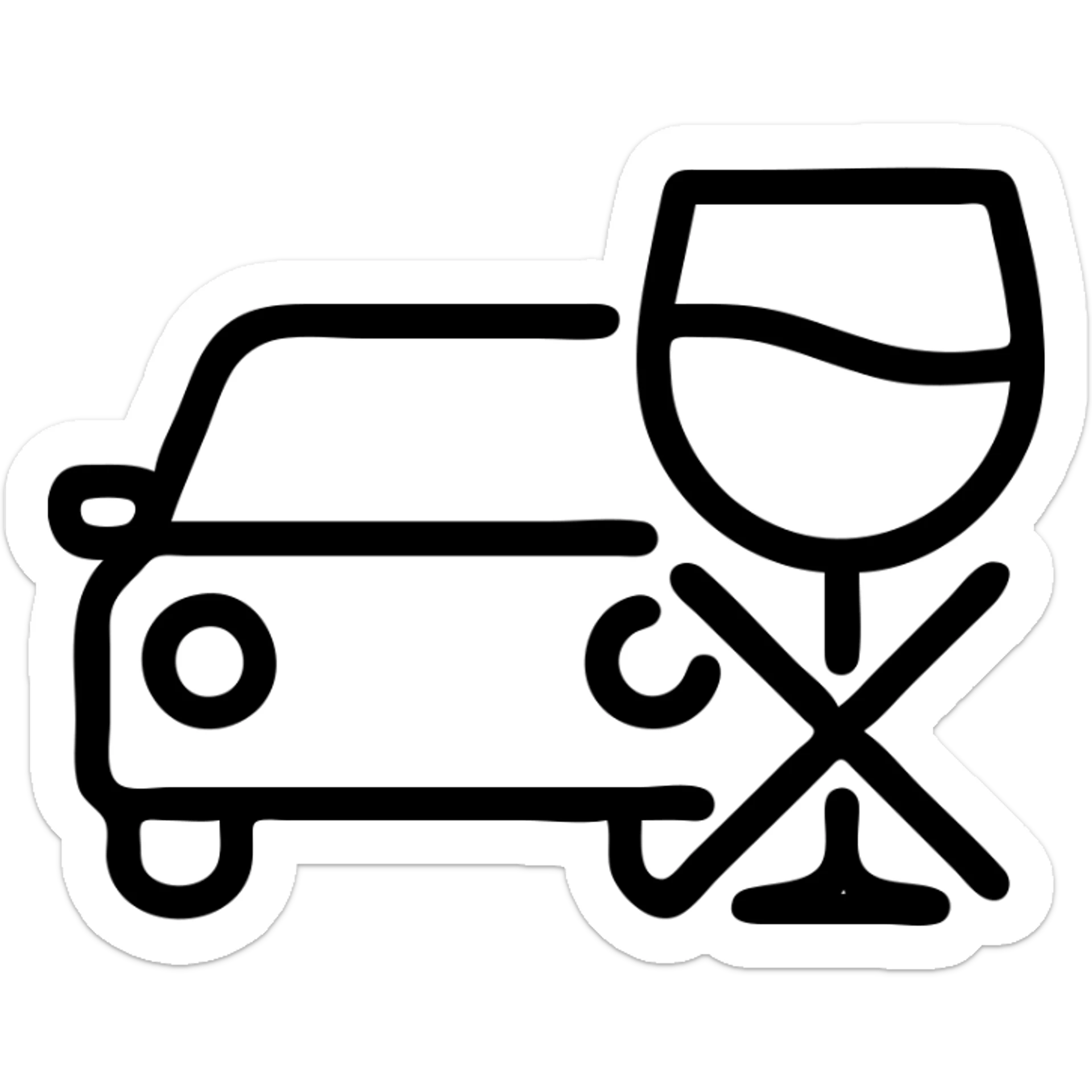 outlined icon of a car with a crossed-out wine glass, symbolizing no drunk driving sticker