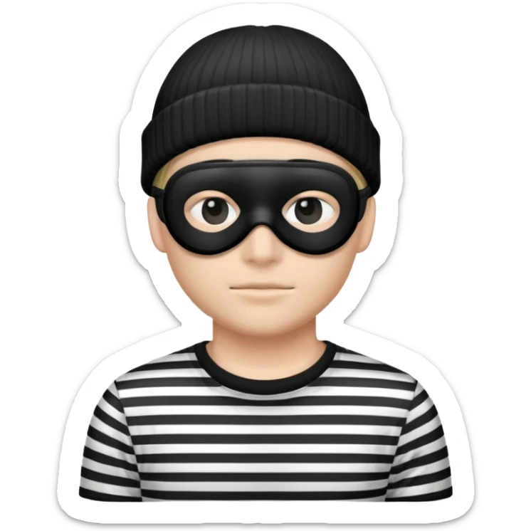 character with black and white striped shirt, black beanie, black mask over eyes sticker
